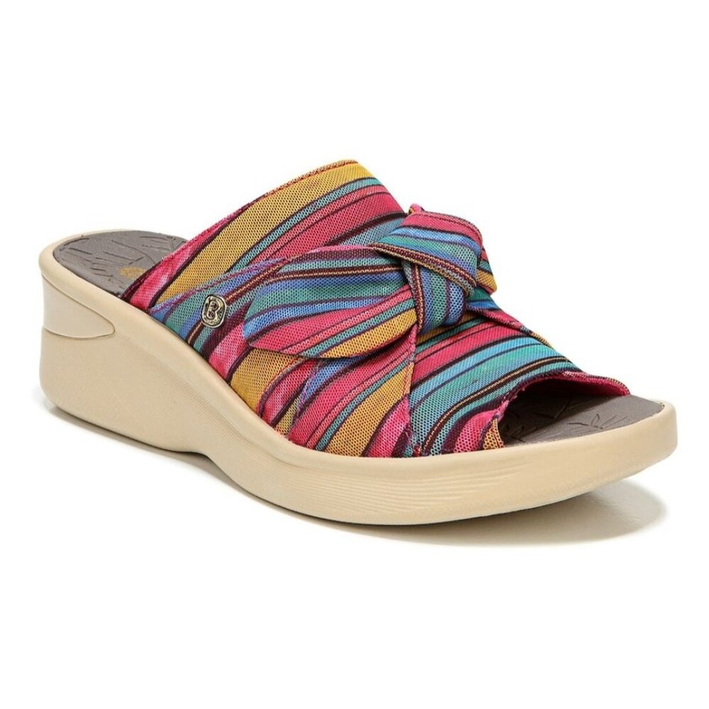 Bzees Daisy Women 8 WIDE Wedge Sandal Bow Detail Stripes Slip-On Vacation Shoe